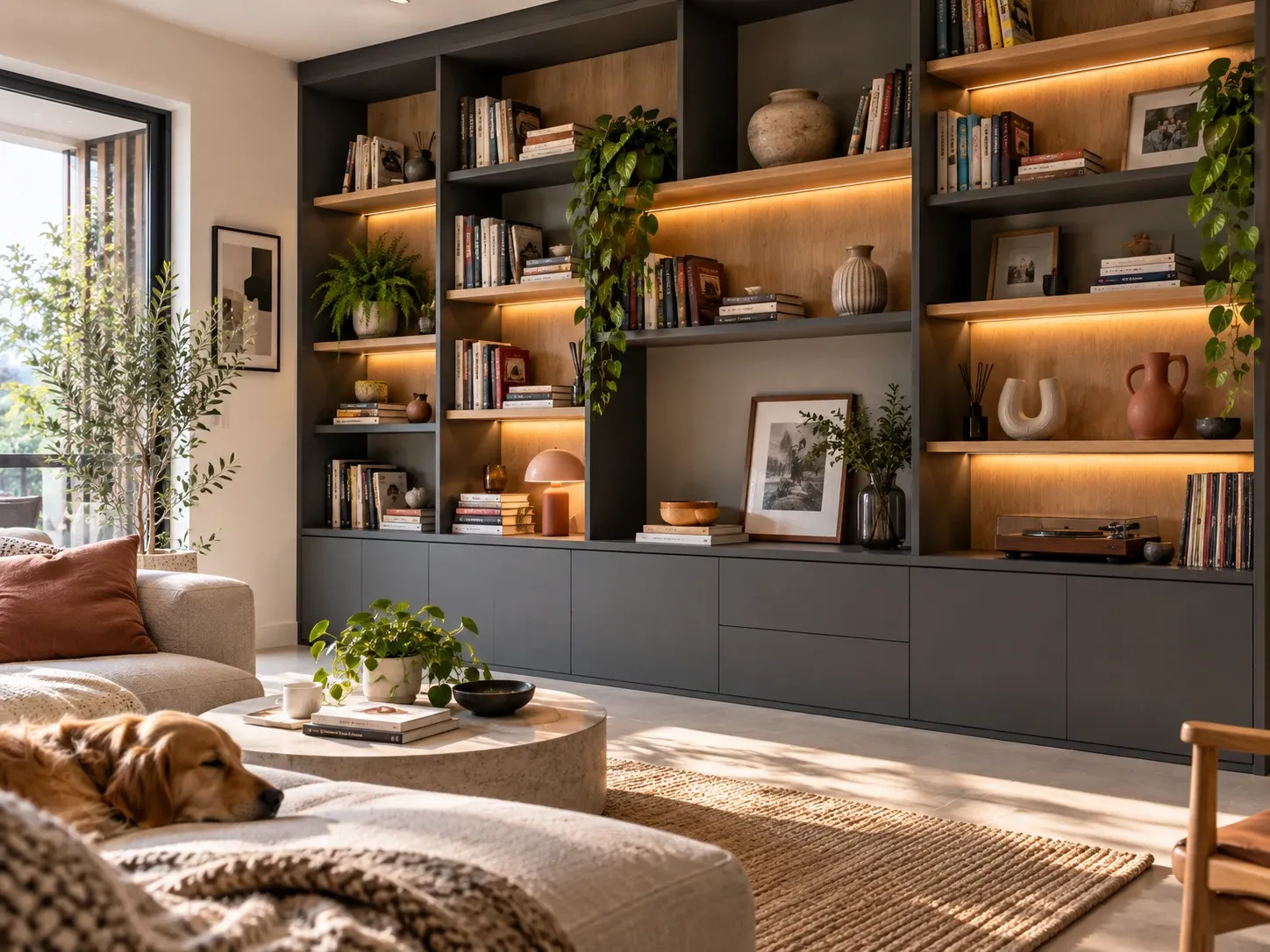 Biblioteca a medida de pared completa con mueble bajo y estanterías