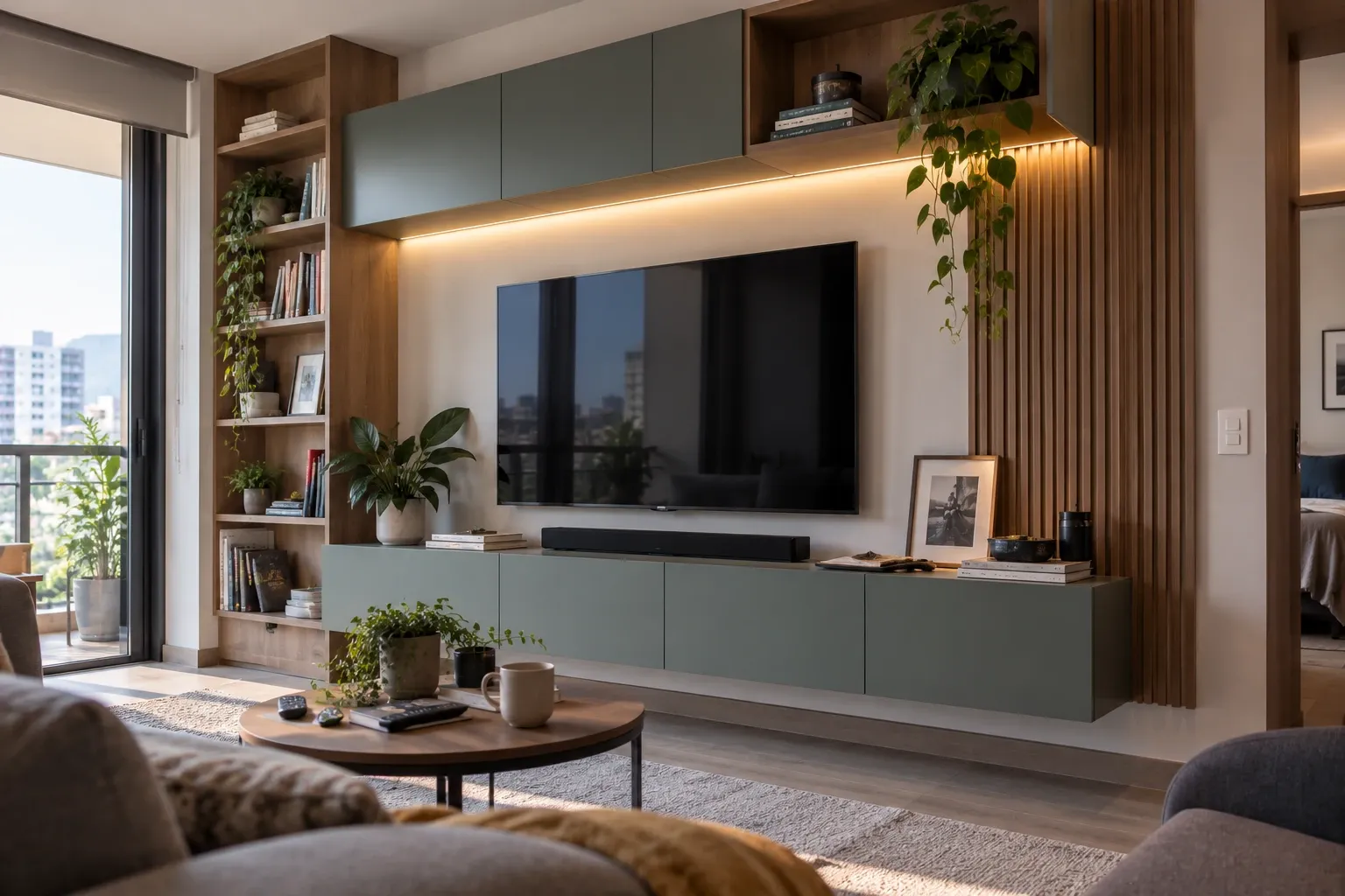 Centro de entretenimiento a medida con mueble flotante, repisas y panel para TV