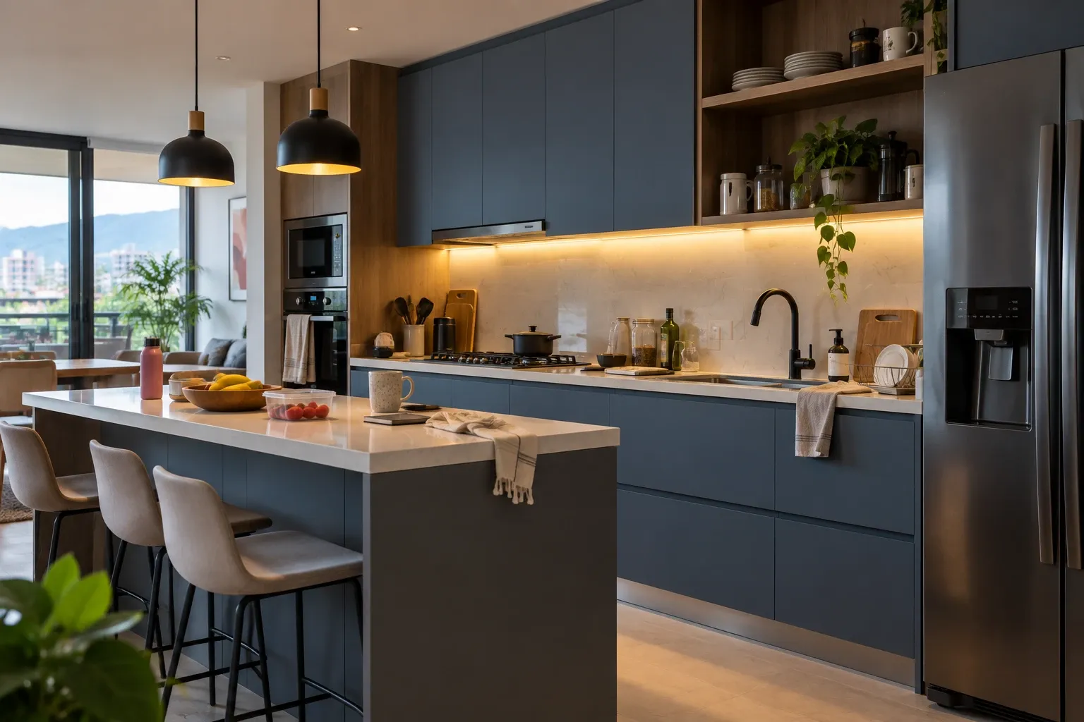 Cocina integral azul a medida con isla y almacenamiento