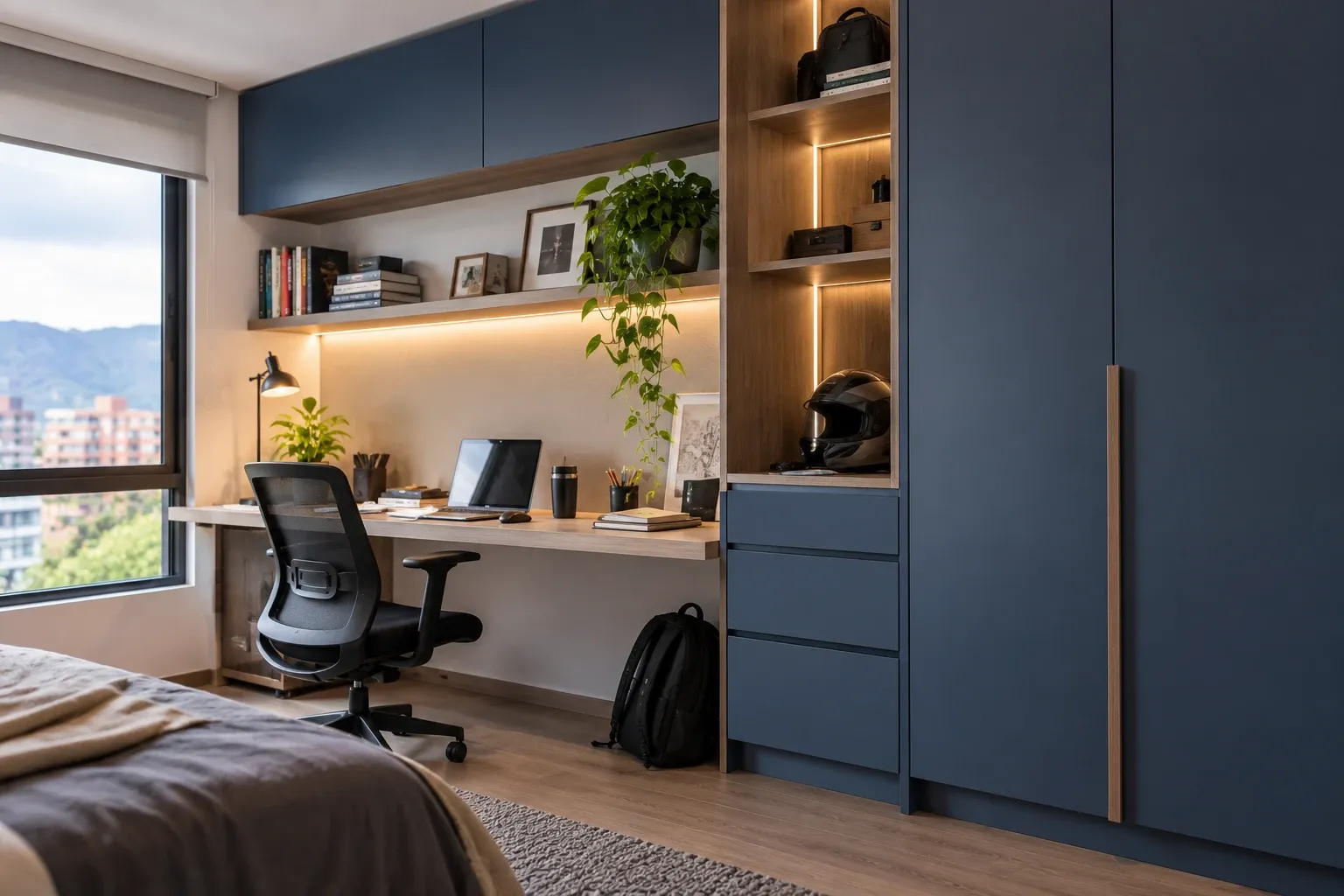Home office a medida con escritorio, almacenamiento y módulos integrados