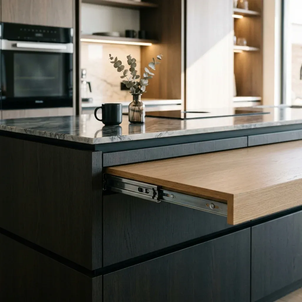 Superficie extraíble de alta precisión integrada en mobiliario de cocina o estudio premium