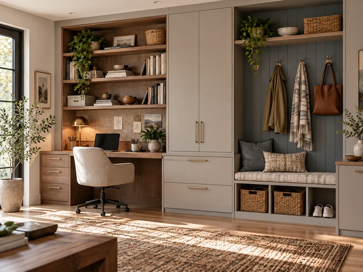 Mueble integrado con escritorio, almacenamiento y banco de entrada a medida